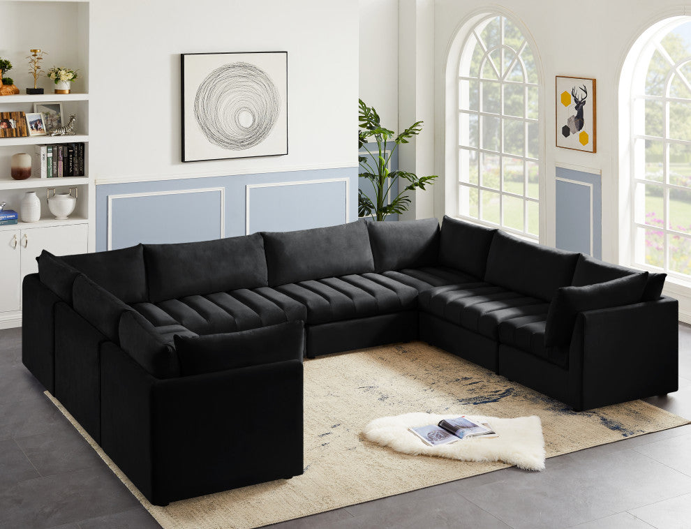 Jacob Velvet Upholstered 8-Piece U-Shaped Modular Sectional, Black