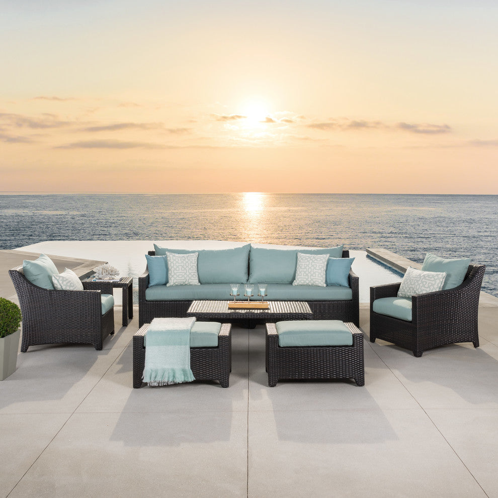 Deco 8 Piece Sunbrella Outdoor Patio Sofa and Club Chair Deep Seating Set, Spa Blue