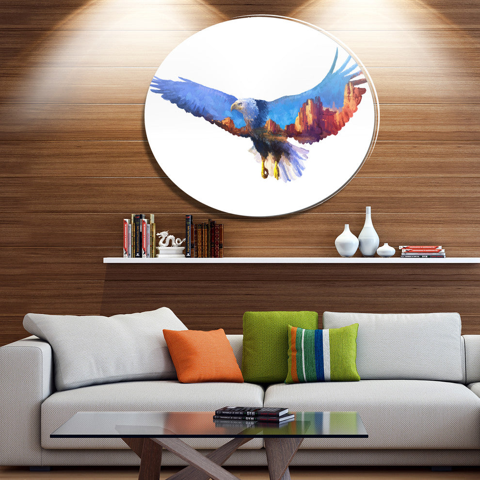 Eagle Double Exposure Illustration, Animal Round Wall Art, 23"