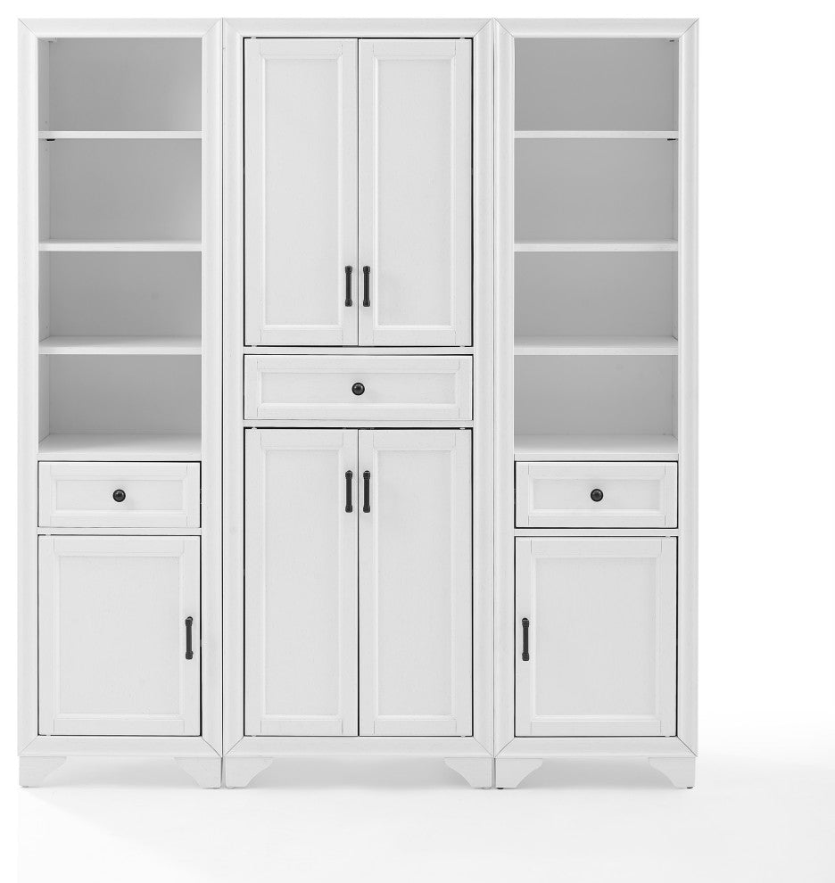 Tara 3-Piece Pantry Set, Distressed White Pantry and 2 Linen Cabinets