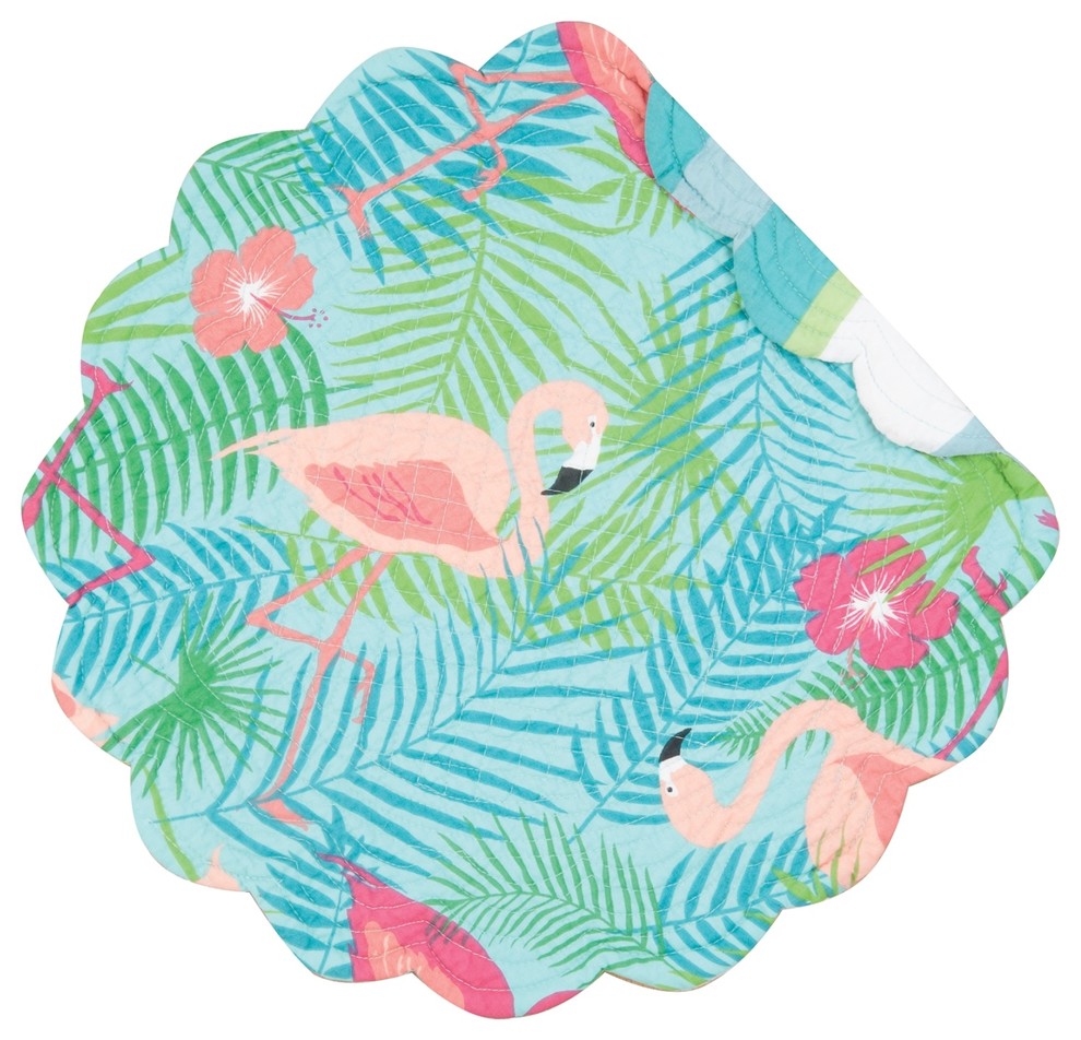 Isla Tropics Pink Flamingos Round Quilted Placemats Set of 4 Kitchen or Dining
