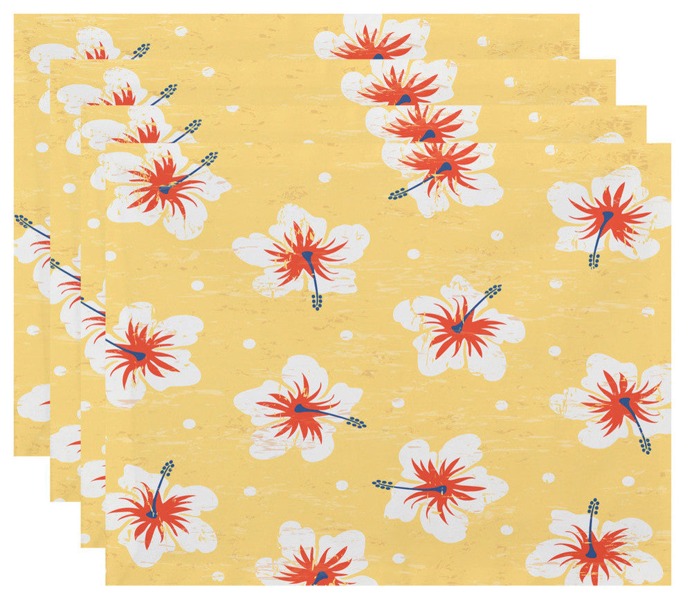 18"x14" Hibiscus Blooms, Floral Print Pacemat, Yellow, Set of 4