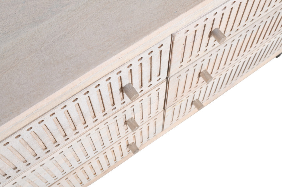 Sarah 6 Drawer Chest, Mango Solid Wood Brushed Ivory Finish on Iron Base