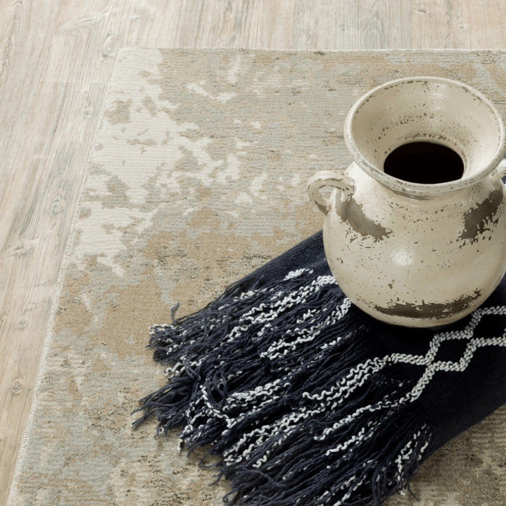 12' Runner Grey Beige and Ivory Abstract Power Loom Runner Rug