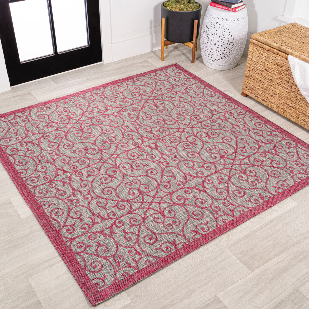 Madrid Vintage Filigree Textured Weave Indoor/Outdoor, Light Gray/Fuchsia, 5' Square