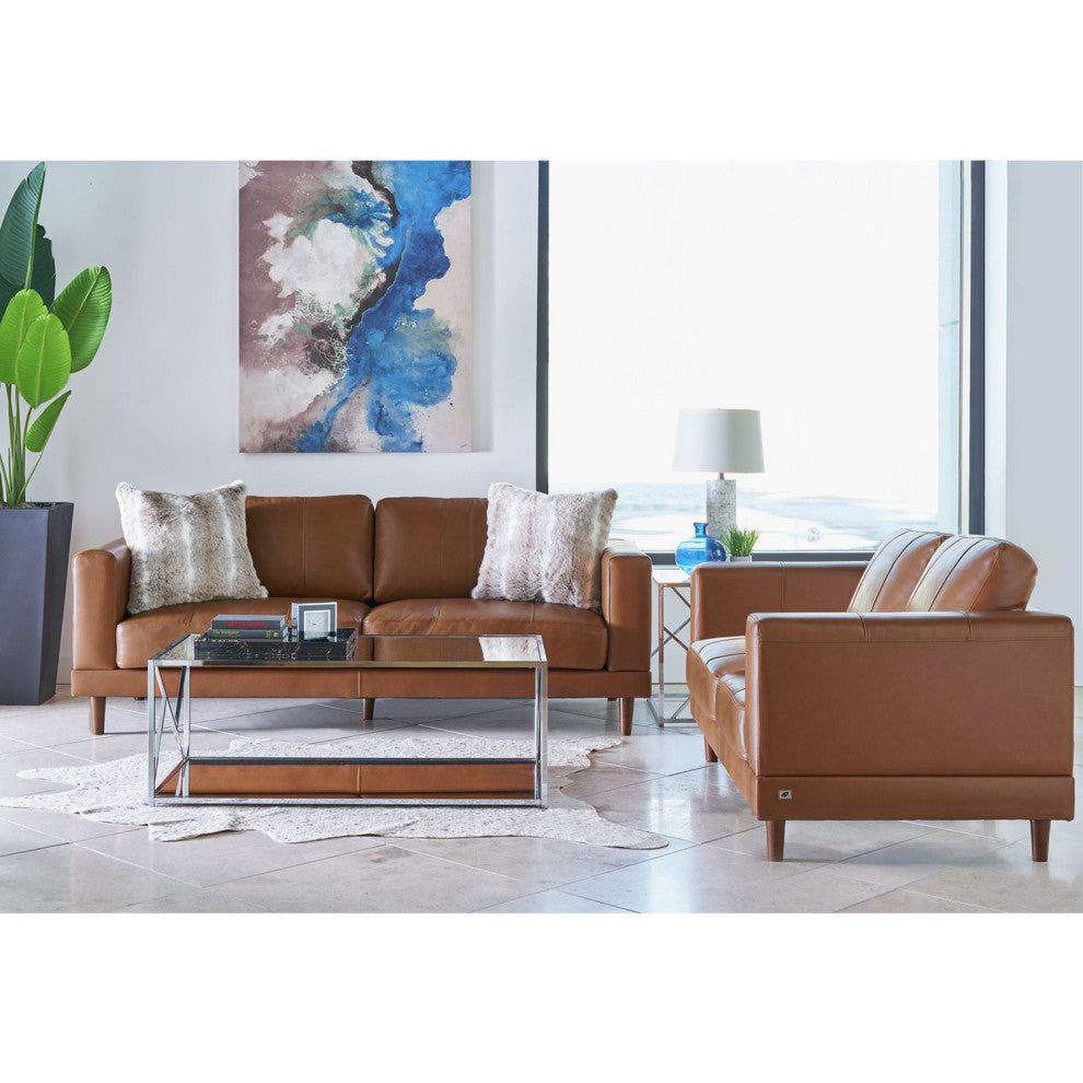 Modern Sofa, Tapered Legs & Cushioned Genuine Leather Seat With Track Arms, Tan