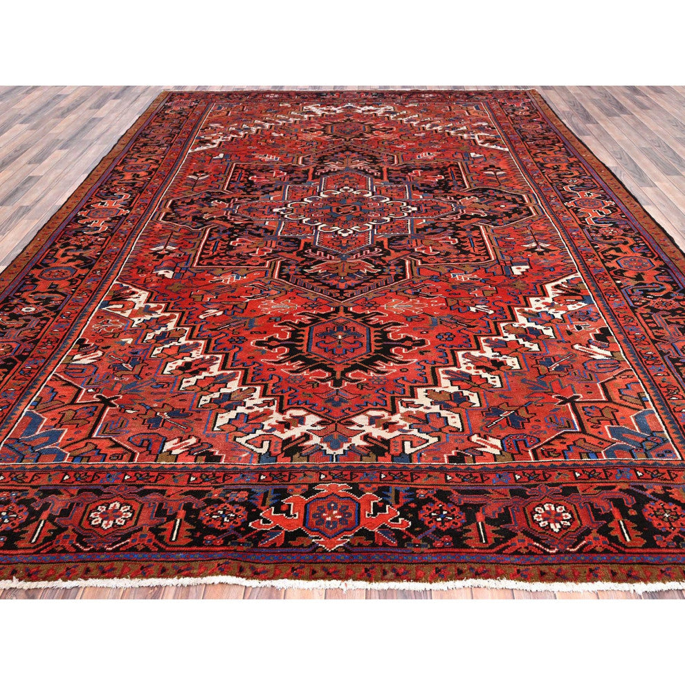 Imperial Red Pure Wool Hand Knotted Semi Antique Persian Heriz Rug 9'8"x13'