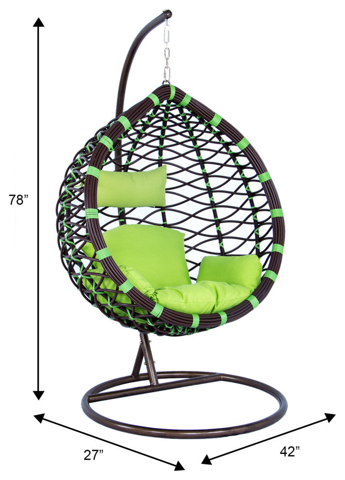 Outdoor Patio Hanging Hammock Wicker Egg Swing Lounge Chair with Green Cushion