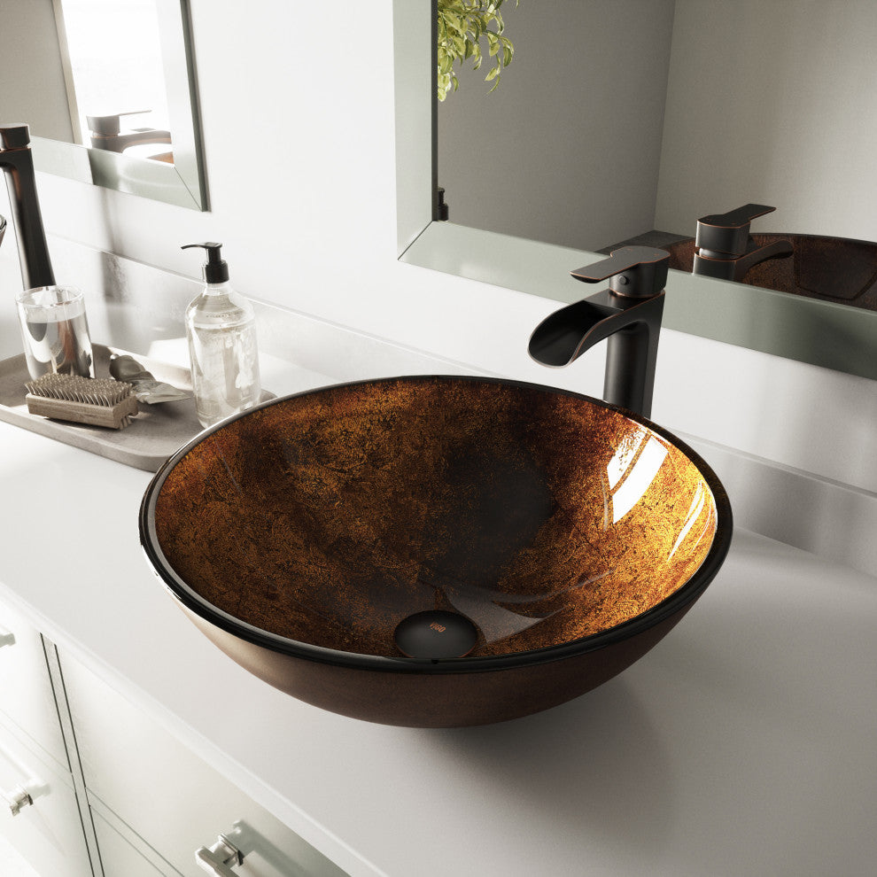 VIGO Giovanni 17"L x 17"W x 6"H Glass Round Vessel Bathroom Sink, Gold and Brown Fusion