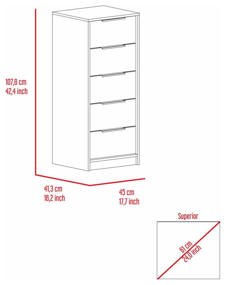 Washington 5 Drawer Dresser with Metal Handles, White