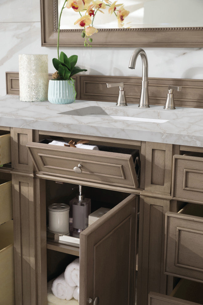 Bristol 60" Single Vanity, Whitewashed Walnut, Victorian Silver Quartz