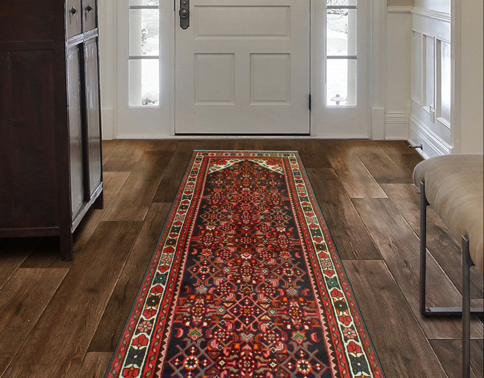 Fine Vintage Distressed Mounia Navy/Rust Runner, 3'8 x 9'11