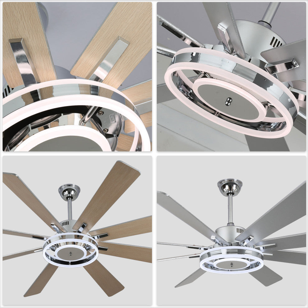 72" Large Ceiling Wood Blade Fan w LED Lights and Remote, Chrome