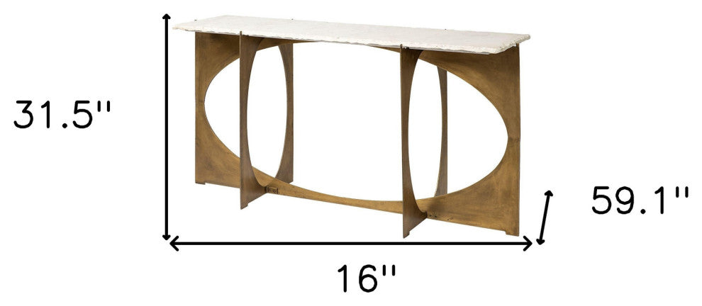 16" White and Gold Genuine Marble 4 Legs Console Table