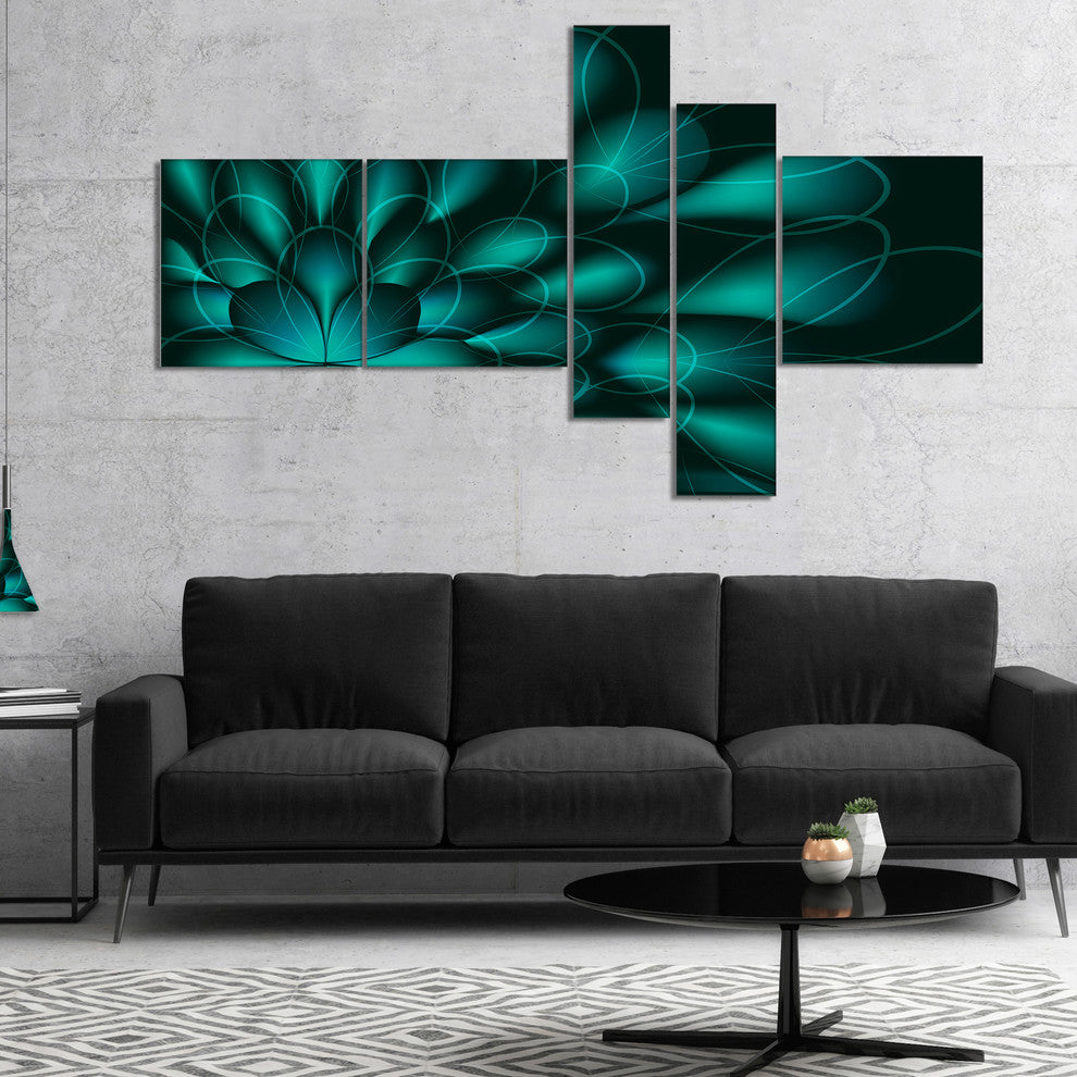 Green Fractal Flower on Black, Abstract Canvas Art Print, 60"x32", 5 panels