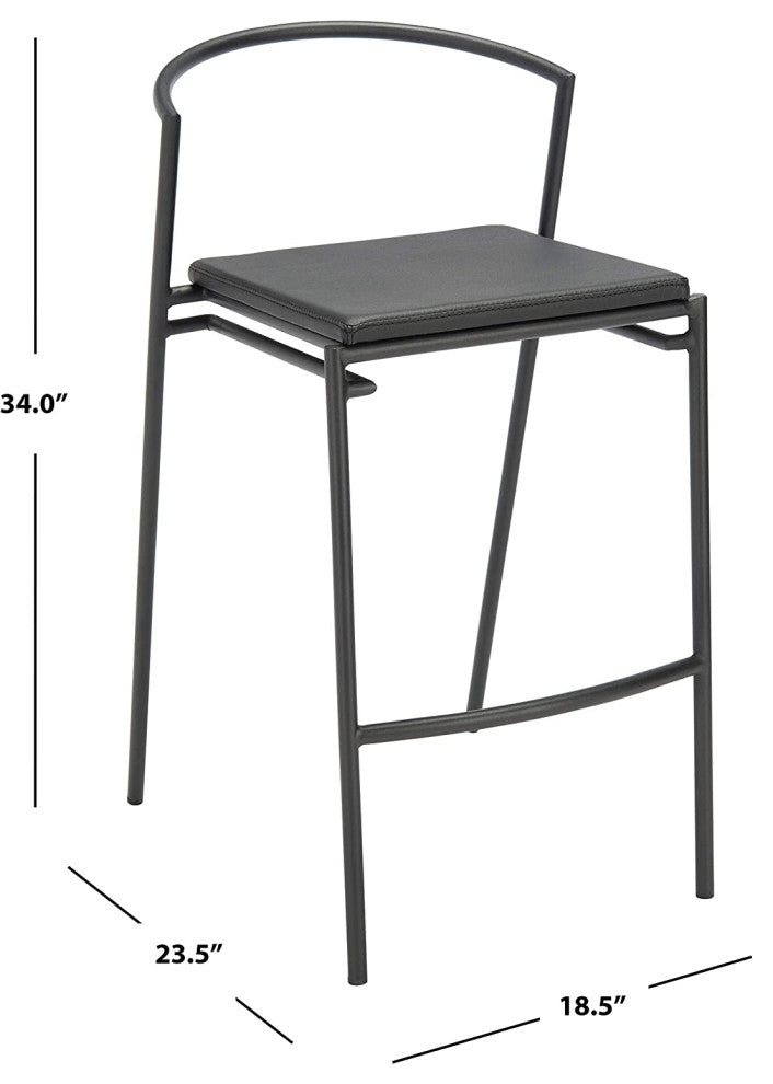 Set of 2 Counter Stool, Sleek Metal Frame & Square Vegan Leather Seat, Black