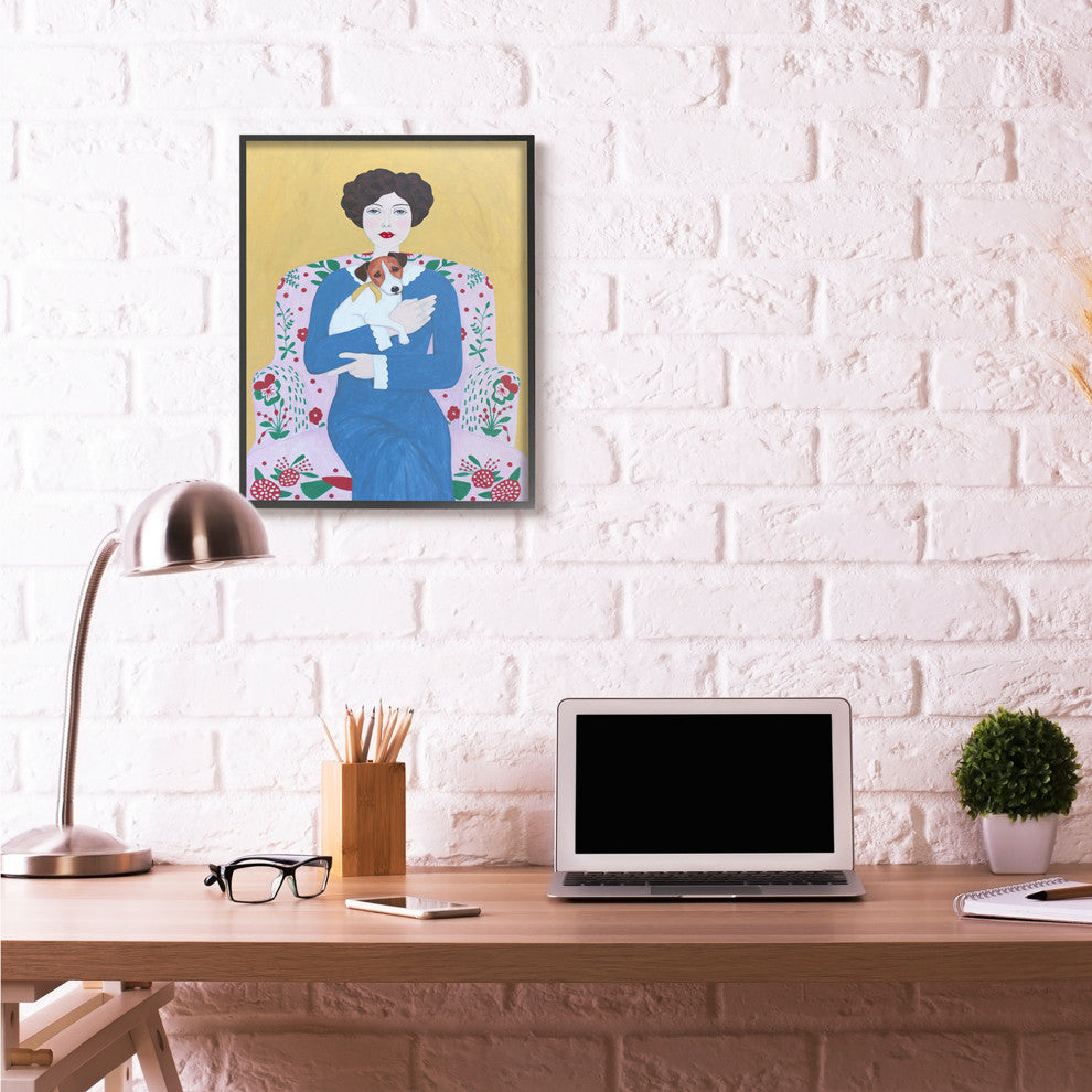 Woman And Dog On Armchair Yellow Blue Animal Painting, 24"x30"