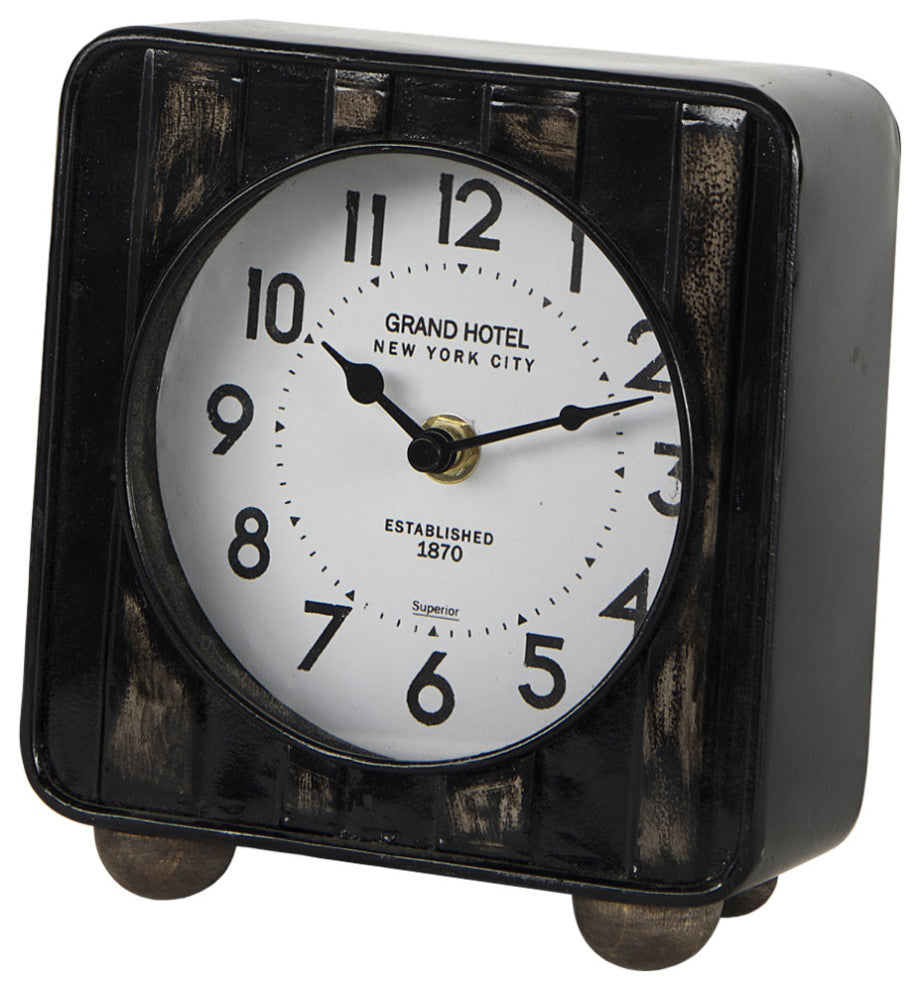 Karl 6.0Lx3.0Wx6.8H Rustic Black Iron Rounded Square Table Clock
