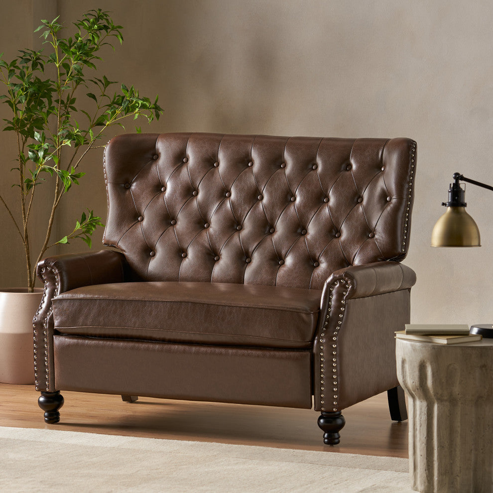 Belknap Faux Leather Tufted Oversized Recliner, Nailhead Trim, Dark Brown + Espr