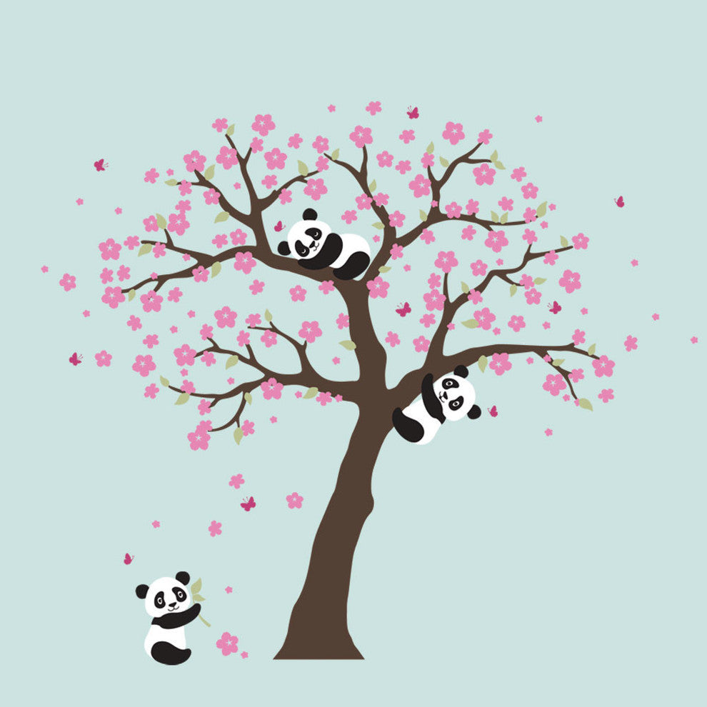 Panda and Cherry Blossom Tree Wall Decal, Scheme A