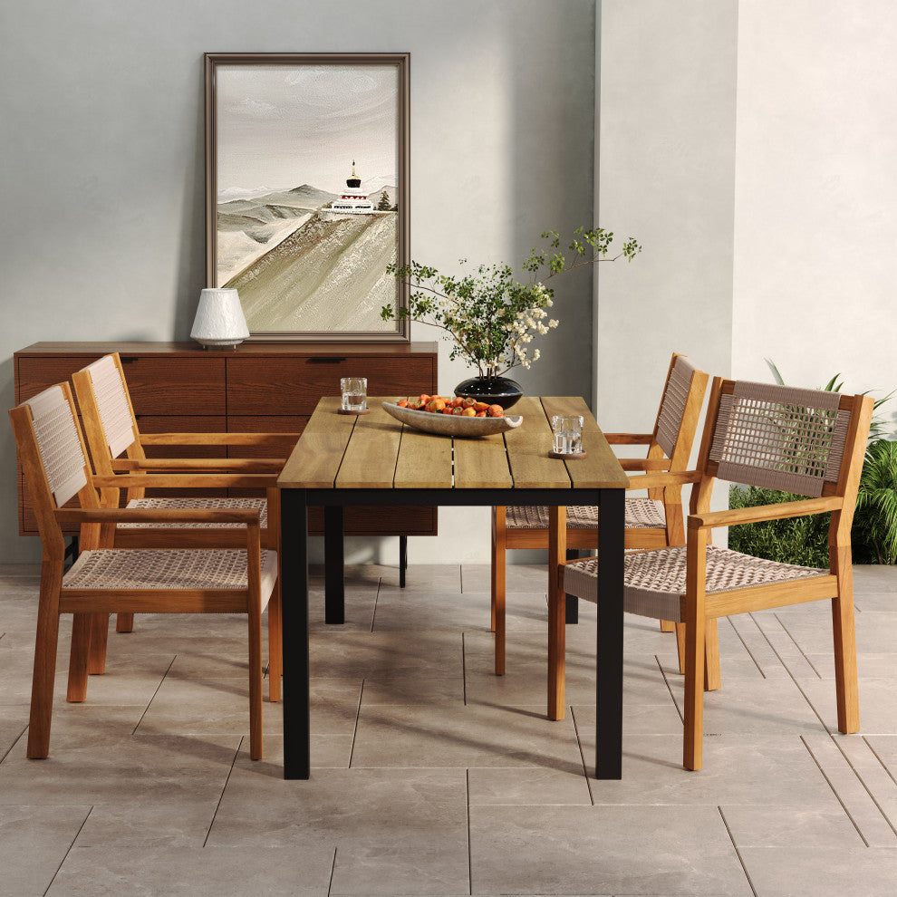 GDF Studio 5-Piece Outdoor Dining Set, Slat Table, Teak/Light Brown Rope