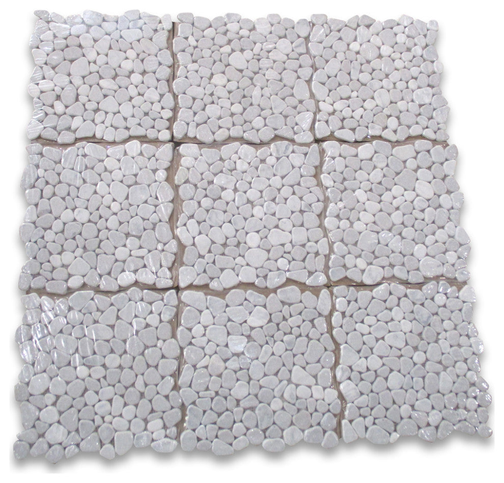 Non Slip Shower Floor Tile Tumbled Carrara Grey Marble Pebble Mosaic, 1 sheet