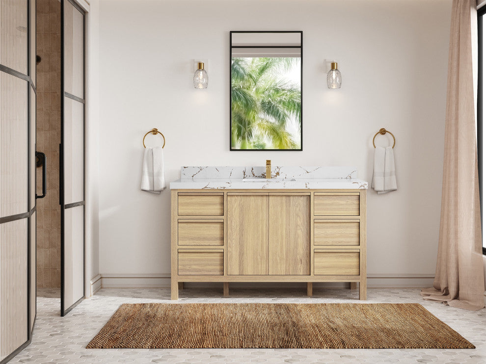 Elizabeth Oak 60" Single Sink Vanity, White 2" Viola Brown