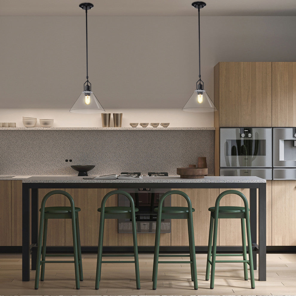 1-Light Matte Black 12 in. Pendant With Clear Cone Glass Shade