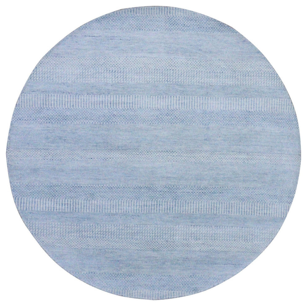 Blue, Wool and Silk Hand Knotted, Modern Grass Design Round Rug, 5'10"x5'10"