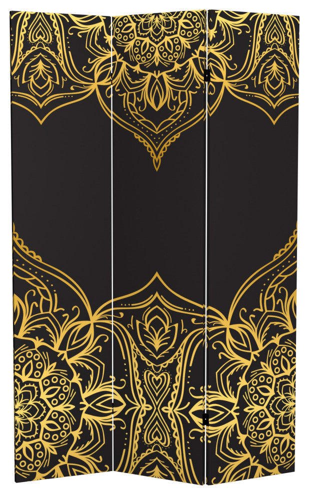 6'' Tall Double Sided Black Indian Pattern Canvas Room Divider