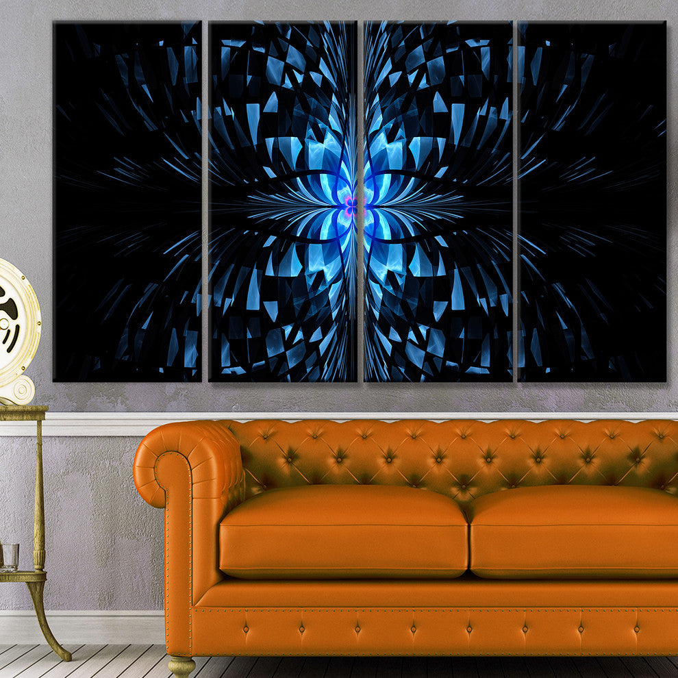 Blue Butterfly Pattern on Black, Abstract Art on Canvas, 48"x28", 4 Panels
