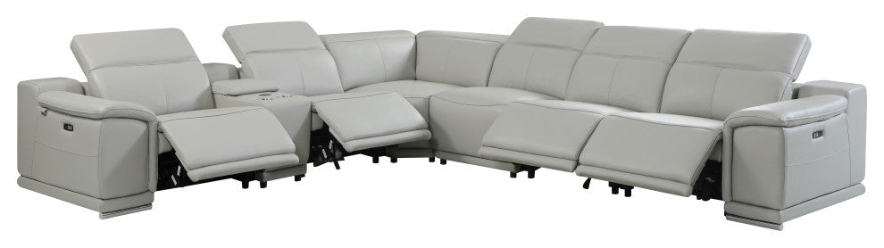 Federico 7-Piece L-Shaped Top Grain Italian Leather Sectional-4 Power Recliners, Light Gray
