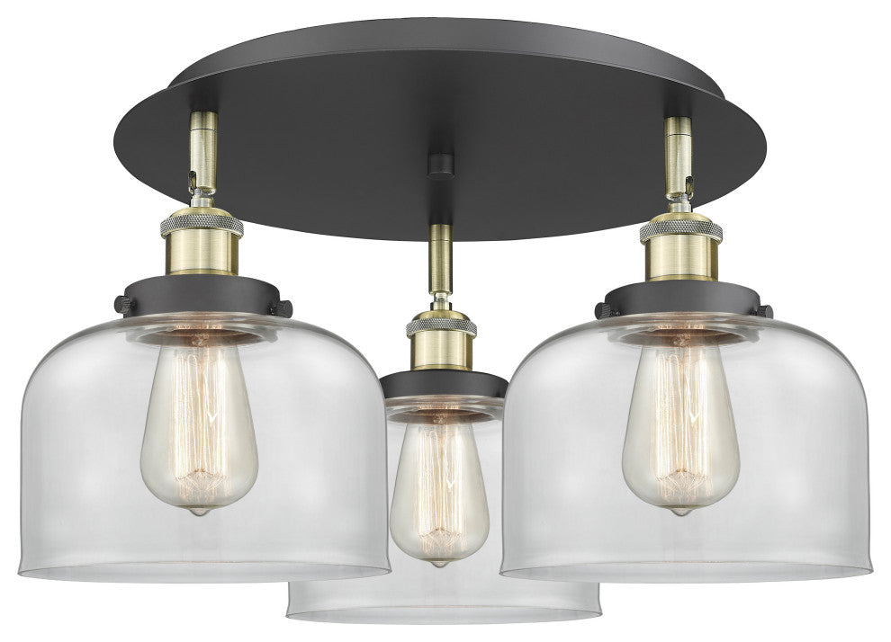 Bell-3 Light 20" Flush Mount-Black Antique Brass, Clear Glass Shade