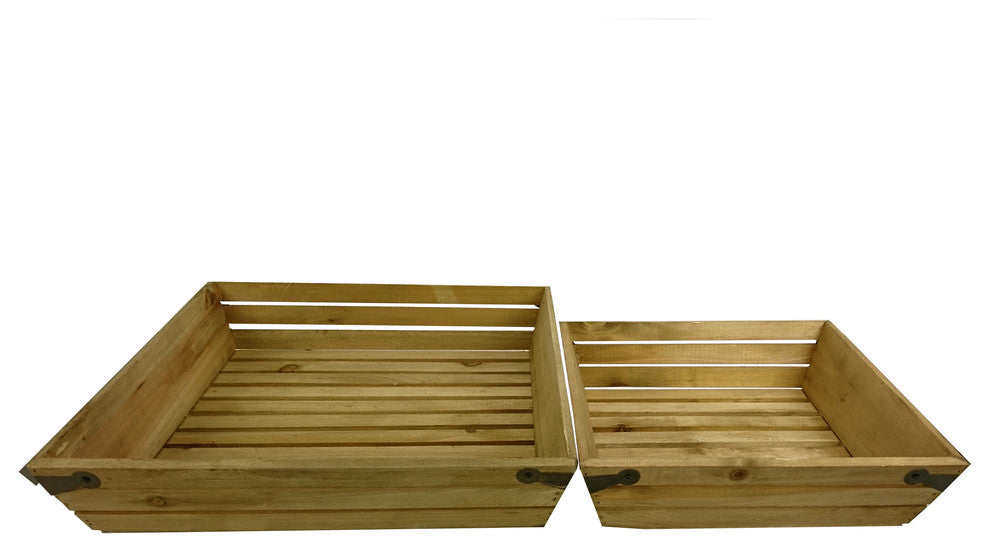 Set Of 2 Natural Wood Large And Small Square Crate With Metal Corner Design