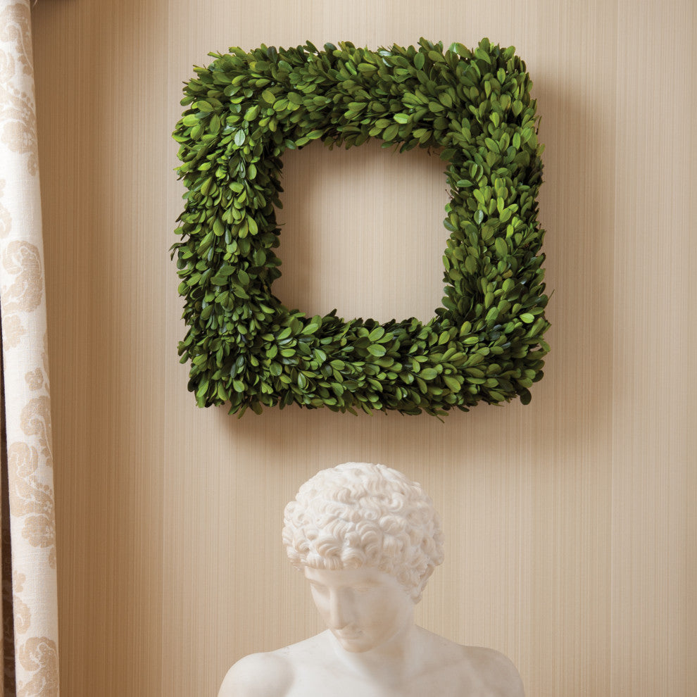 Square 16in English Boxwood Wreath Topiary Greenery Natural Classic Hanging Door