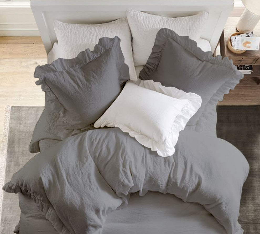 Organic Cotton 300 TC GOTS Certified 8 Internal Ties Ruffled Duvet Set, Dark Grey, Queen(88"x92")