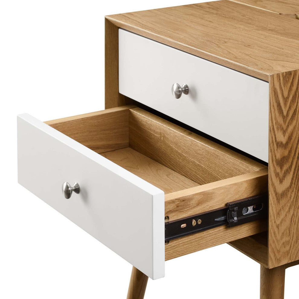 Nightstand Side End Table With USB, Wood, Brown Natural White, Modern