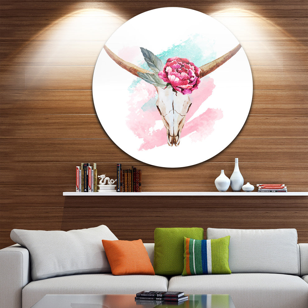 Bull Skull And Flower, Floral Digital Round Wall Art, 23"
