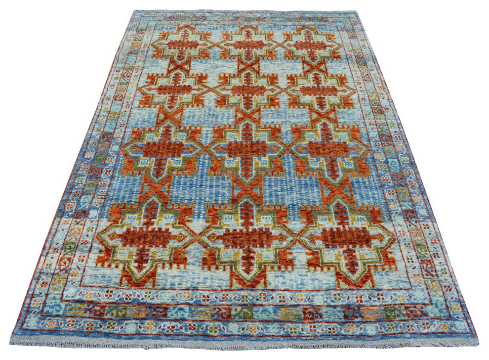Orange Colorful Afghan Baluch Hand Knotted Tribal Design Pure Wool Rug 5'8"x7'9"