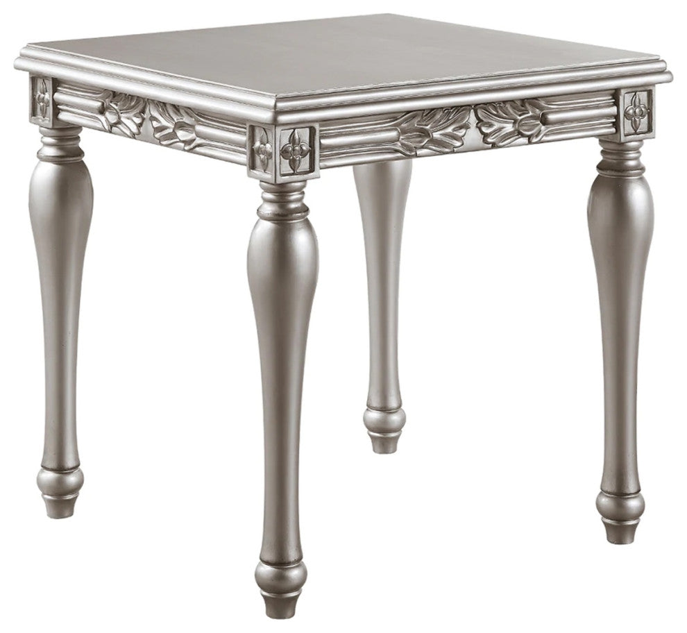 Benzara BM276228 28" Classic End Table, Square, Floral Trim, Wood, Silver