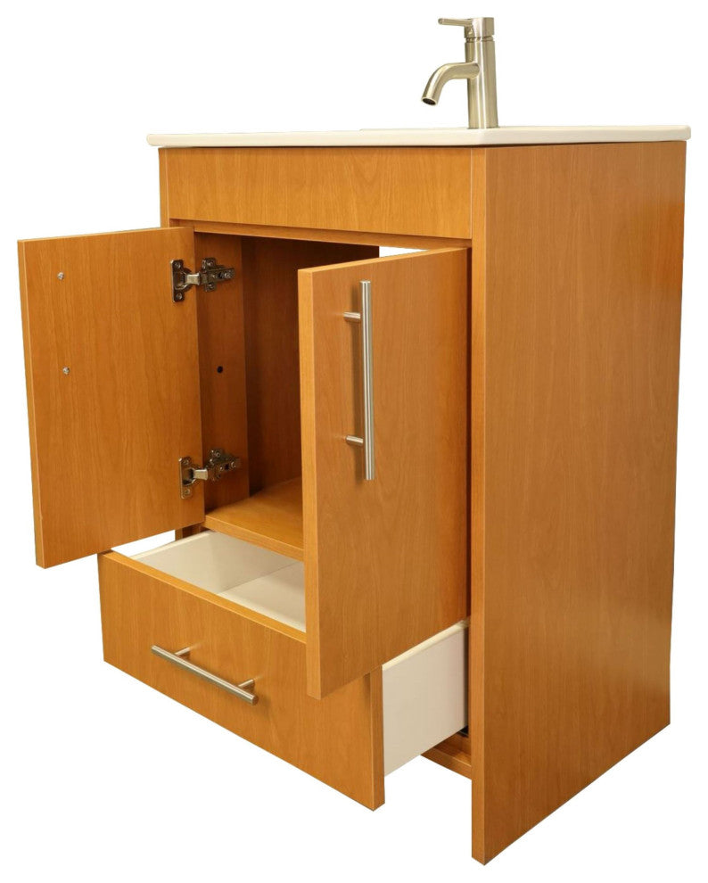 Pacific 24 Vanity With Ceramic Top and Brushed Nickel Handles, Honey Maple