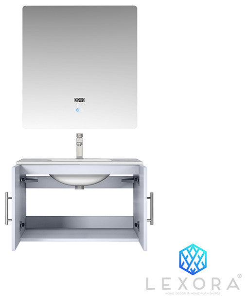 Geneva Transitional Glossy White 30" Single Vanity with 30" Led Mirror