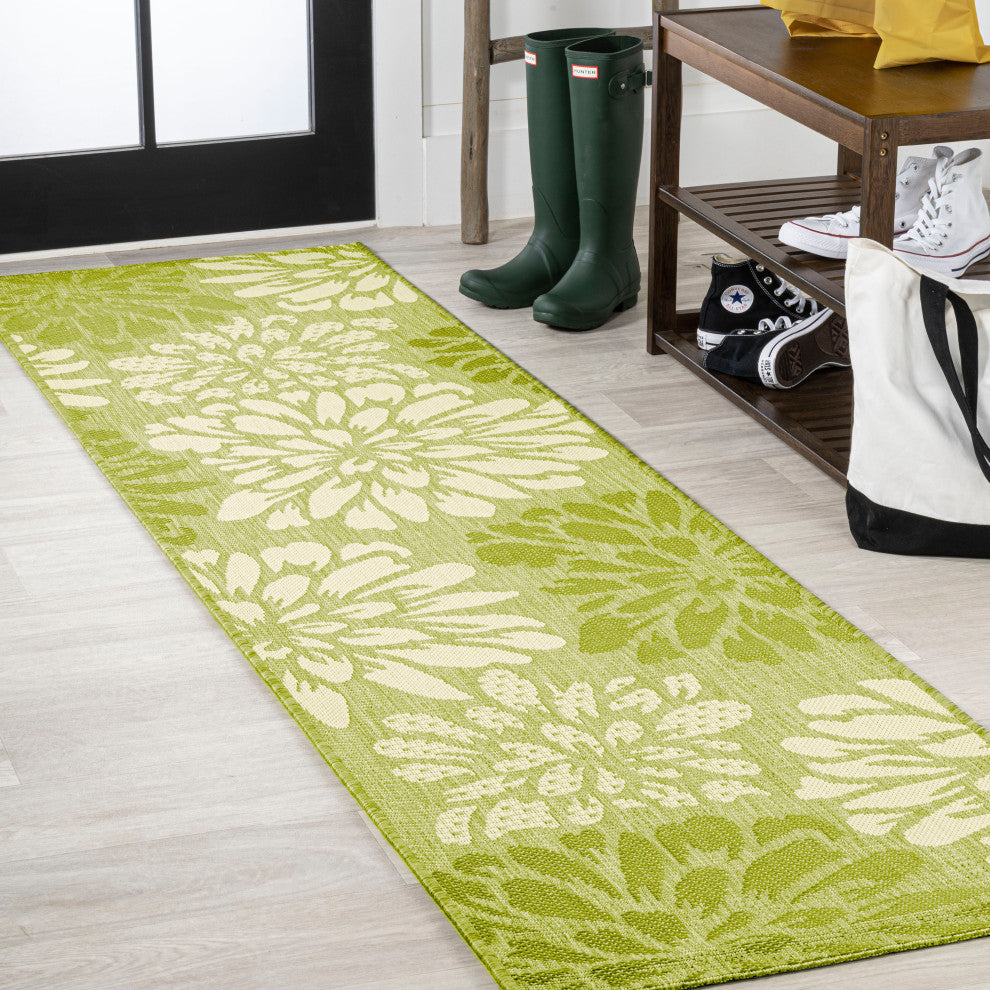Zinnia Modern Floral Textured Weave Indoor/Outdoor, Green/Cream, 2x8