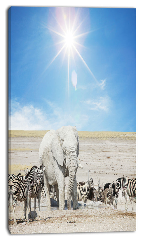 White Elephant and Herd of Zebras, Abstract Canvas Art Print, 16"x32"
