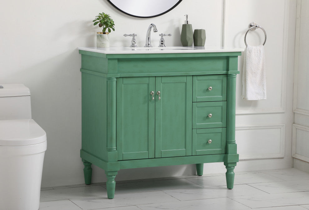 36" Single Bathroom Vanity, Vintage Mint With Ivory White Engineered Marble