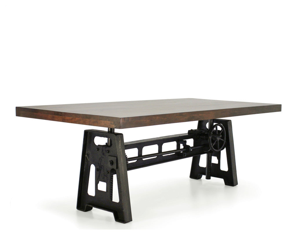 Industrial Dining Table - Cast Iron Base - Adjustable Height Crank - Walnut
