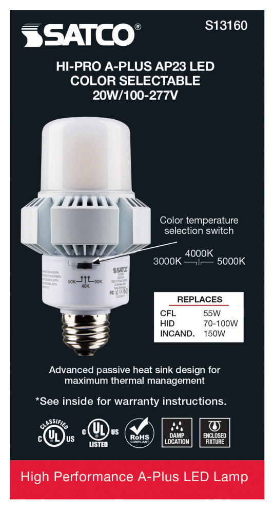 20W, A-Plus 23, LED, CCT Selectable 3K/4K/5K, Medium Base, Type B, Ballast