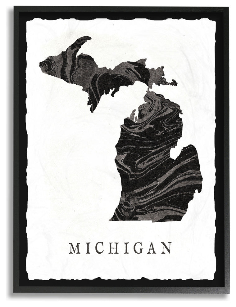 Black and Grey Marbled Paper Michigan State Silhouette Framed Giclee, 11"x14"