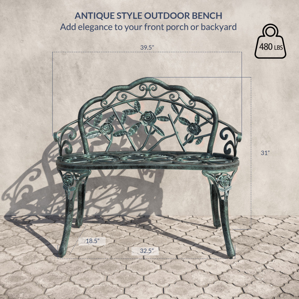Antique-Style Garden Bench, Aluminum Rose, 39", Green