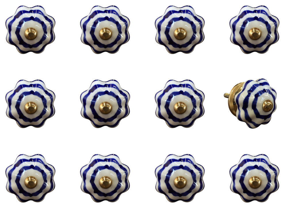 Knob-It Vintage Handpainted Ceramic Knobs, Set of 12, White/Blue/Copper